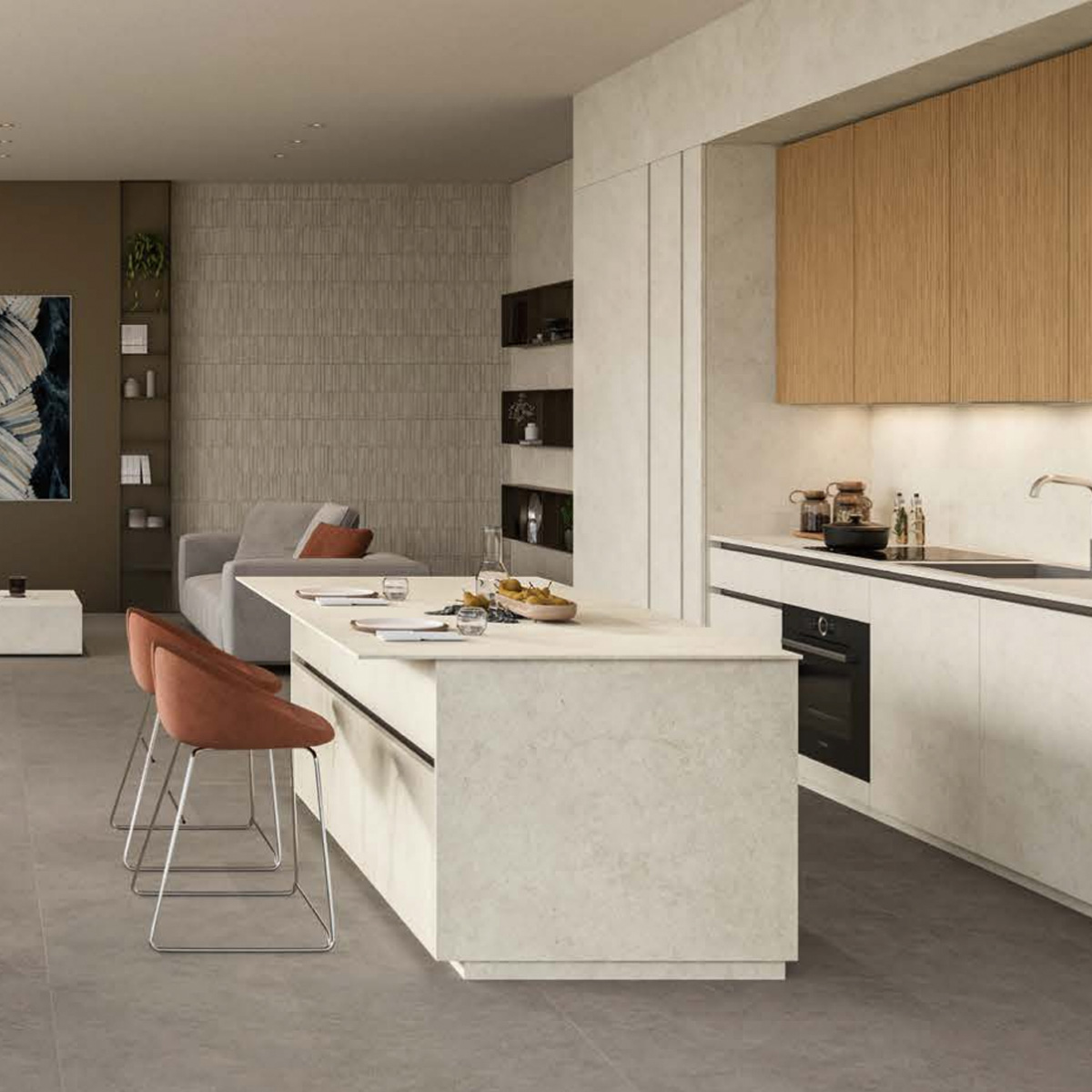 Modern kitchen featuring Boost Icor - Bone cabinets, a marble island, two rust-colored barstools, open shelving, and integrated appliances. In the background, a living area with a couch and wall art can be seen.