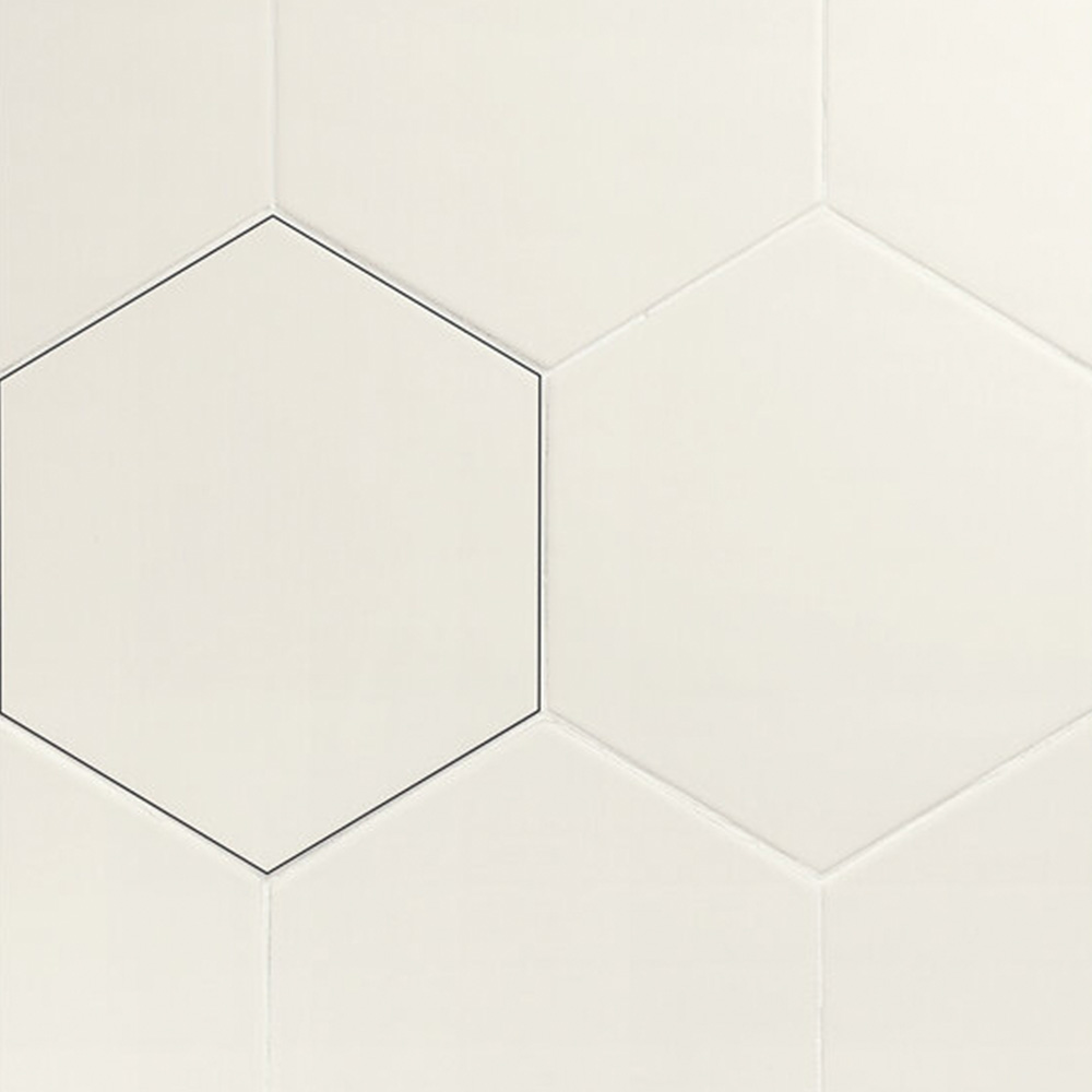 Home Hexagon - White tiles feature a crisp white hexagonal shape with thin, subtle grout lines arranged in a honeycomb pattern, delivering a clean and modern geometric design.
