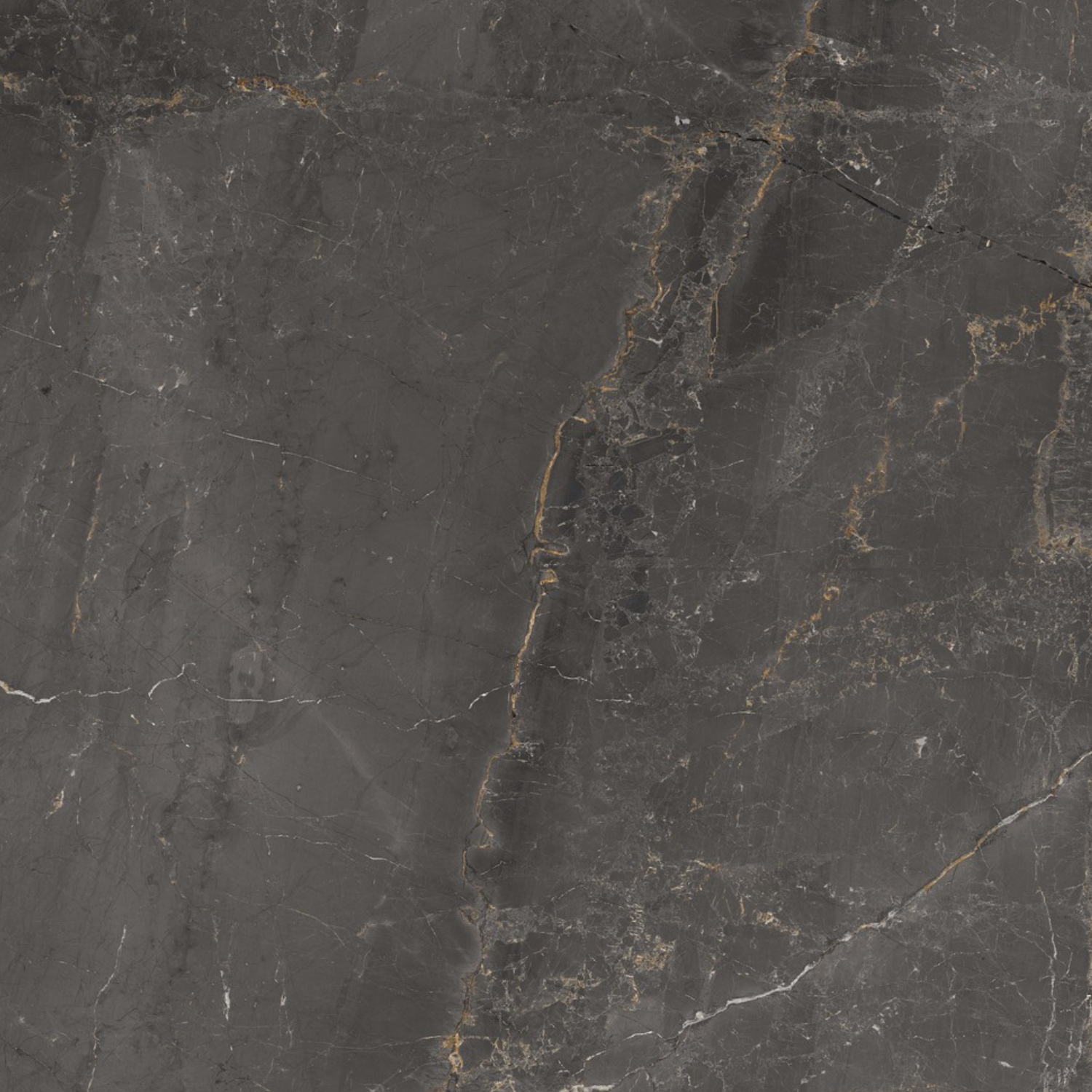 Charme - Black features a dark gray marble surface accentuated by thin, irregular gold and white veins throughout. Its smooth texture highlights natural stone patterns and subtle variations in color intensity.