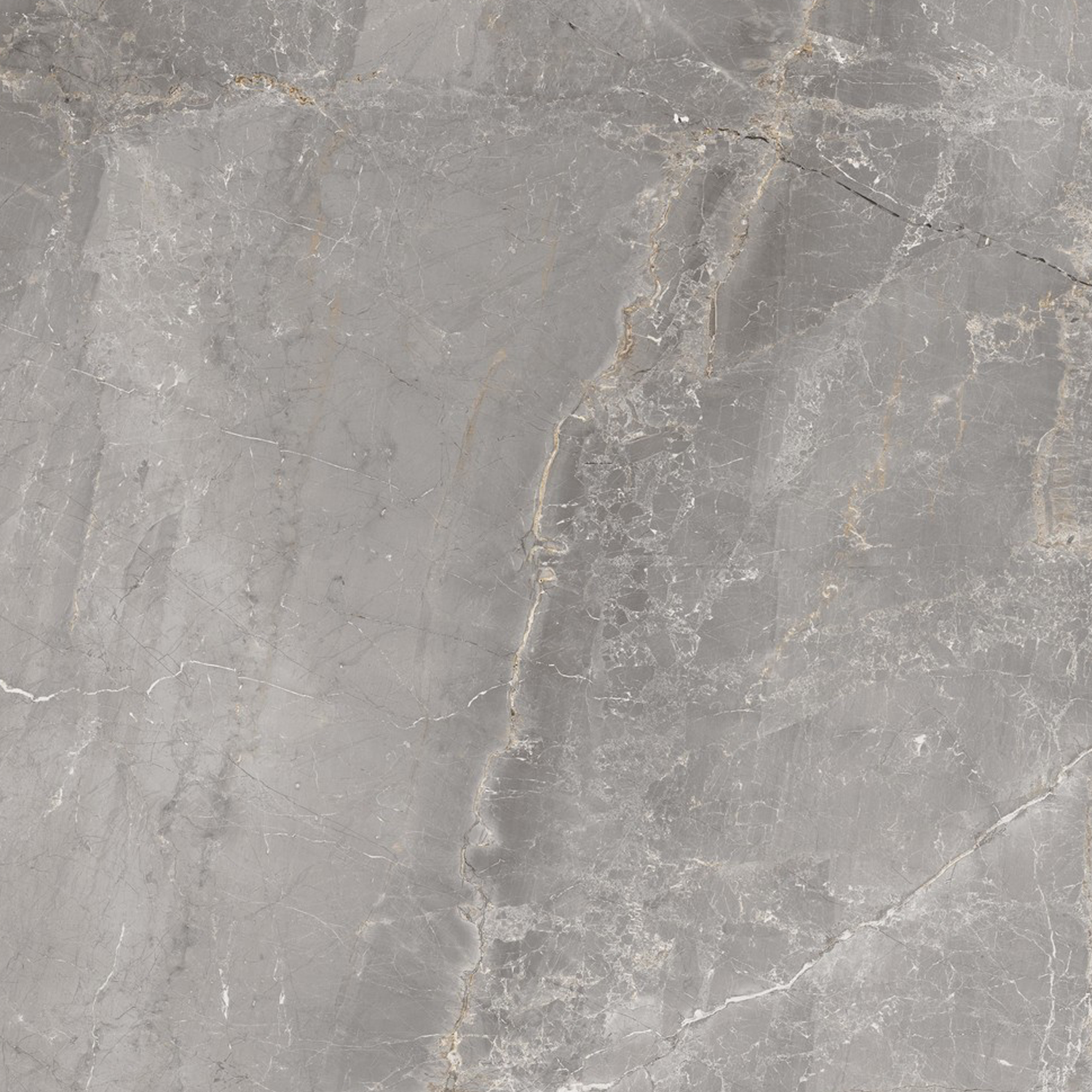 Charme - Grey features a smooth, polished surface with visible veins and natural grey patterns. Light and dark streaks run diagonally across the stone, showcasing subtle variations in shade and tone for an elegant marble look.