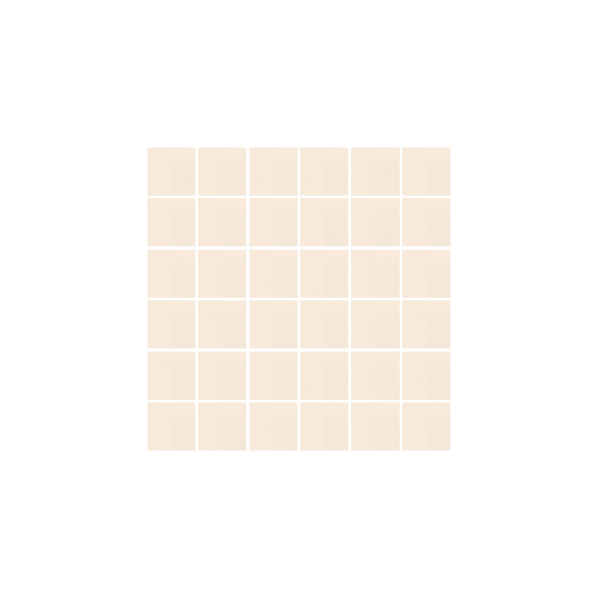 Product sheet of small square mosaic tiles in uniform warm beige tone arranged in a six by six grid with white grout lines, shown on a white background.