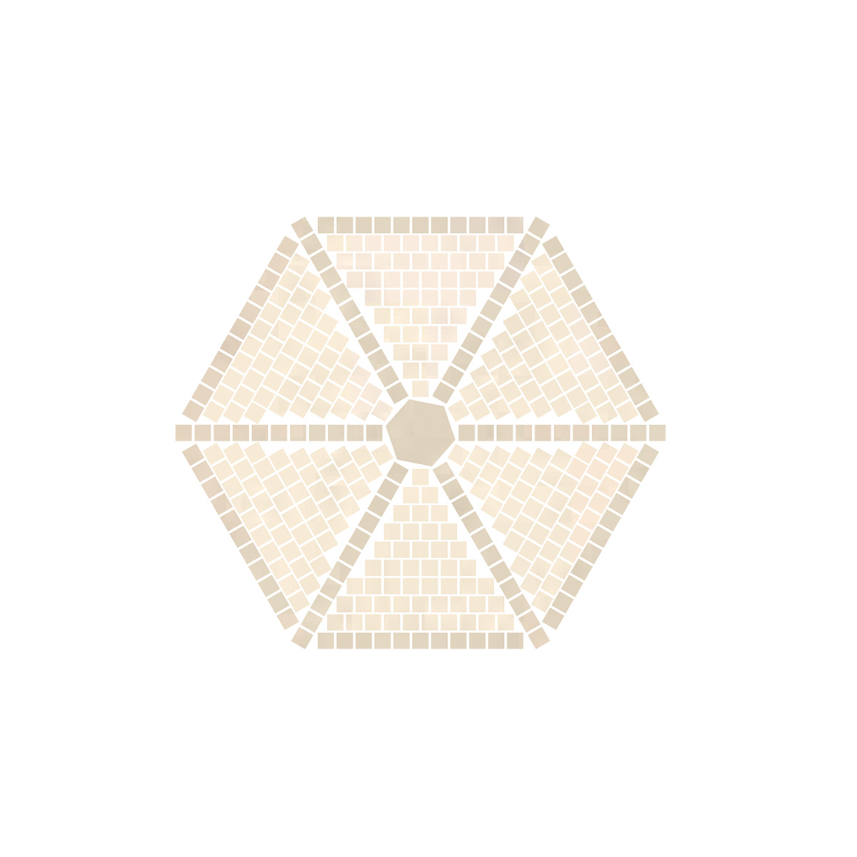 Hexagonal mosaic tile medallion in warm beige and soft tan tones, composed of small square tiles arranged in a six-pointed star pattern radiating from a single octagonal center tile, on a white background.