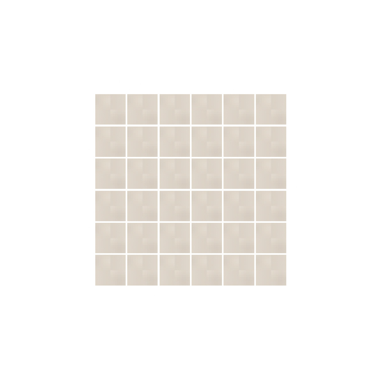 Product sheet of small square mosaic tiles in uniform soft greige and pale gray tones arranged in a six by six grid with white grout lines, shown on a white background.
