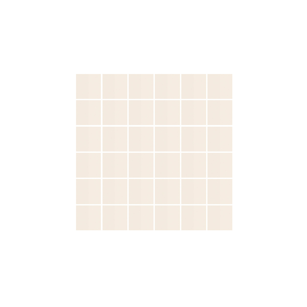 Product sheet of small square mosaic tiles in uniform warm ivory tone arranged in a six by six grid with white grout lines, shown on a white background.