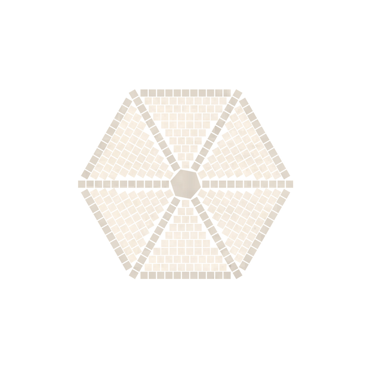 Hexagonal mosaic tile medallion in warm ivory and soft beige tones, composed of small square tiles arranged in a six-pointed star pattern radiating from a single octagonal center tile, on a white background.