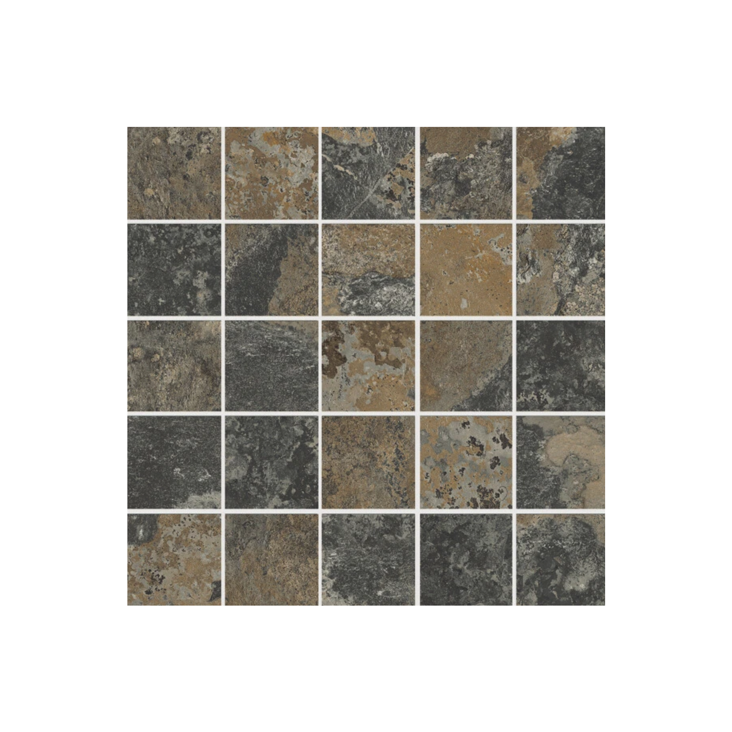 A grid of 25 Yukatan Polished – Multicolor tiles in earth tones, featuring a mix of dark gray, brown, and beige shades with a textured, natural stone appearance.