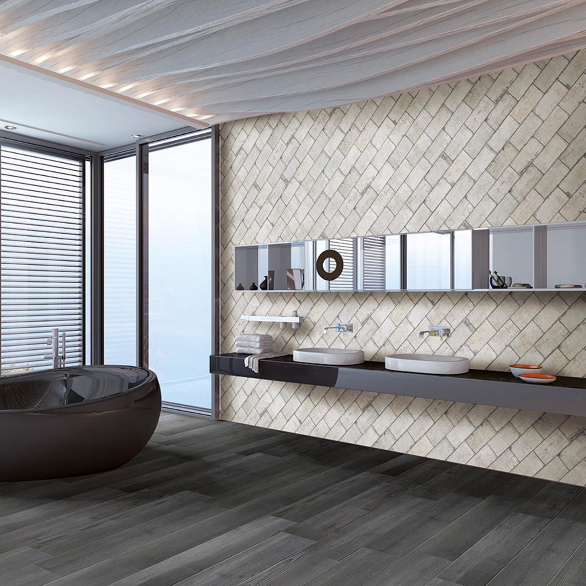 Modern luxury bathroom featuring cream herringbone wall tiles and dark gray wood-look floor tiles, with a double floating vanity, two white vessel sinks, a row of mirrors, and a freestanding oval dark tub beside floor-to-ceiling windows.