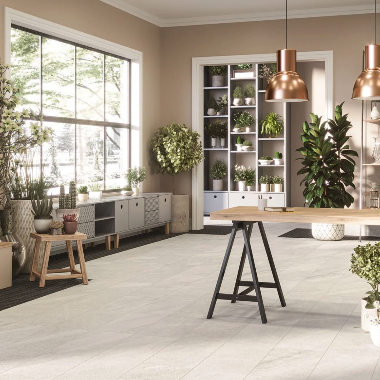 The Outland - Pure brightens the airy, cozy space, where large windows flood the room with sunlight. Modern furniture surrounds a wooden table amidst numerous potted plants, while shelves and benches showcase lush greenery. Above, copper pendant lights hang gracefully from the ceiling, enhancing the tranquil ambiance.