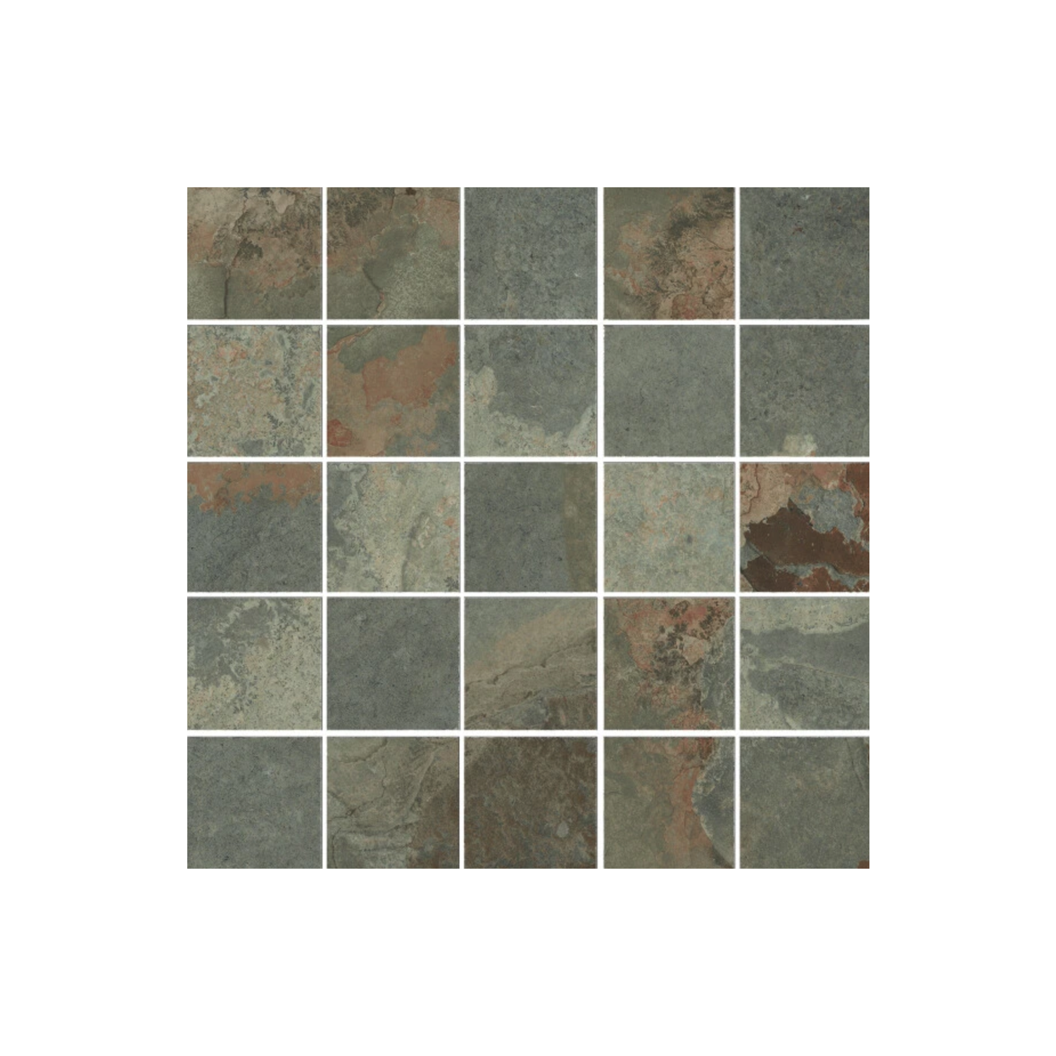 A tile sheet featuring 25 square tiles from the Yukatan Polished – Verde collection, each displaying a blend of brown, gray, and green stone textures. The tiles are arranged in a 5 by 5 grid with thin white grout lines on a white background.