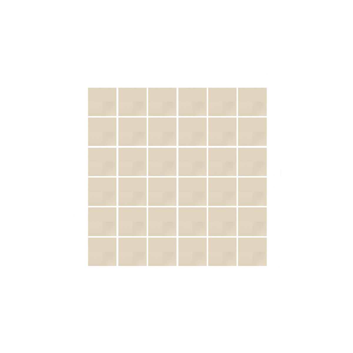 Product sheet of small square mosaic tiles in uniform warm taupe tone arranged in a six by six grid with white grout lines, shown on a white background.