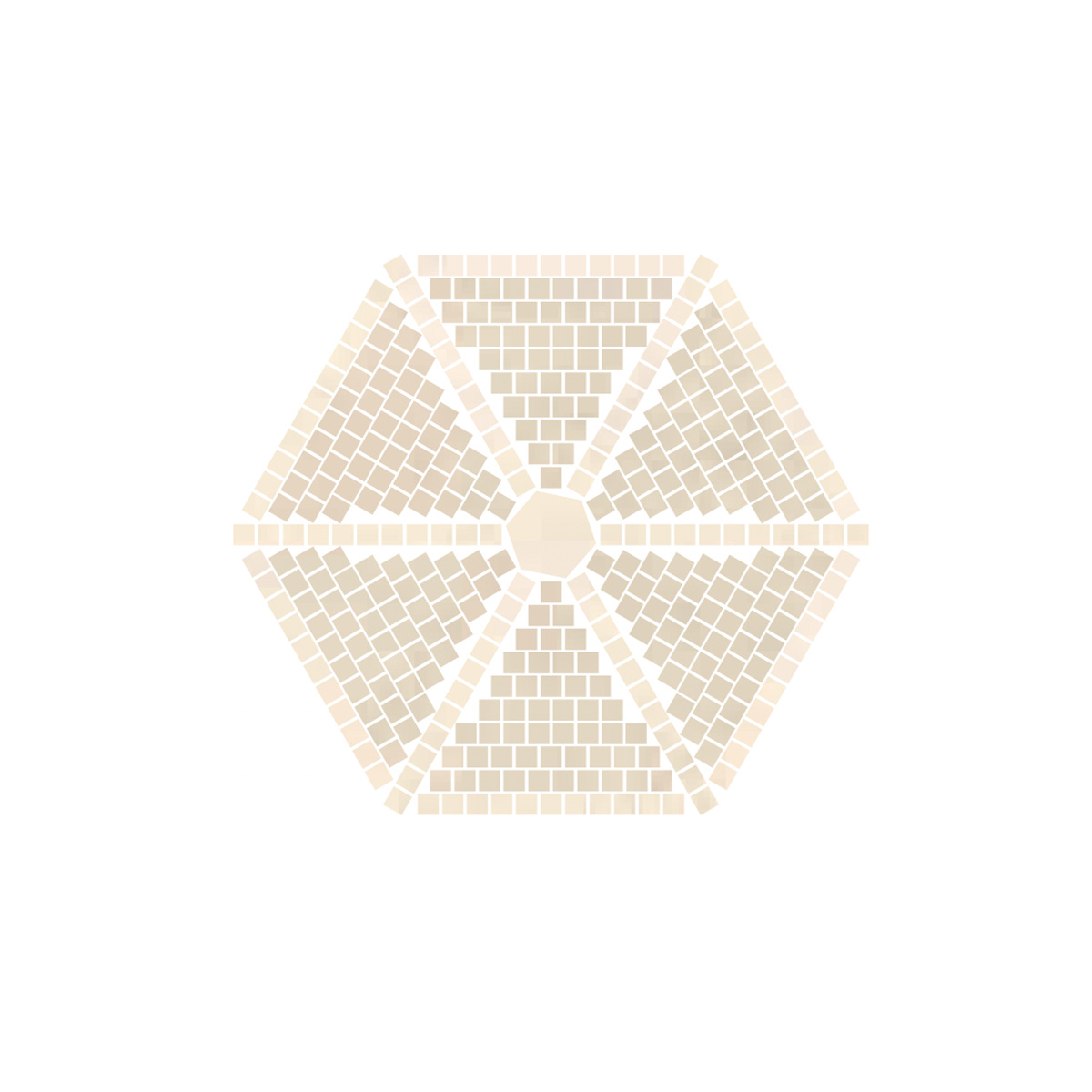Hexagonal mosaic tile medallion in warm taupe and soft cream tones, composed of small square tiles arranged in a six-pointed star pattern radiating from a single round center tile, on a white background.