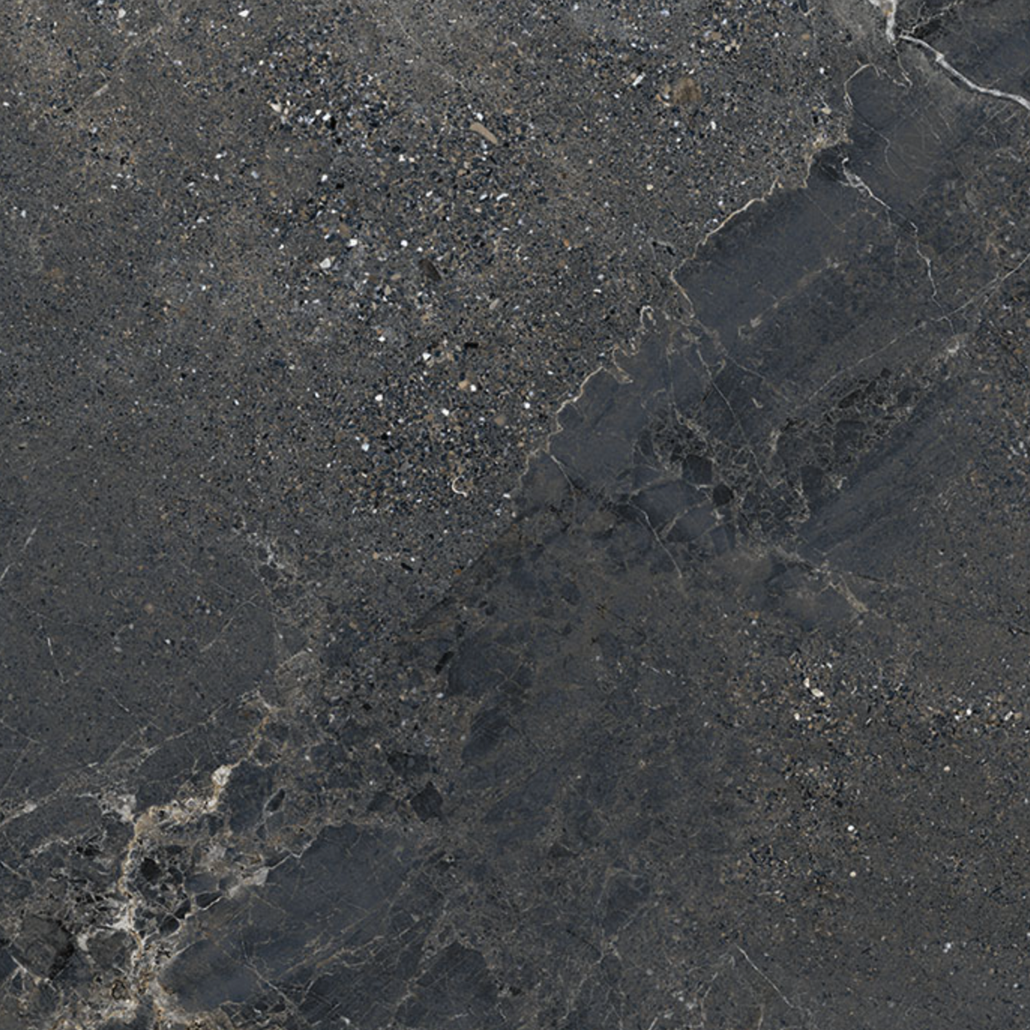 Anthology/Anthea - Dark features a dark gray stone surface with subtle white and light gray veining and speckles, reminiscent of natural marble or granite. Its slightly rough texture showcases varied patterns and mineral deposits throughout.