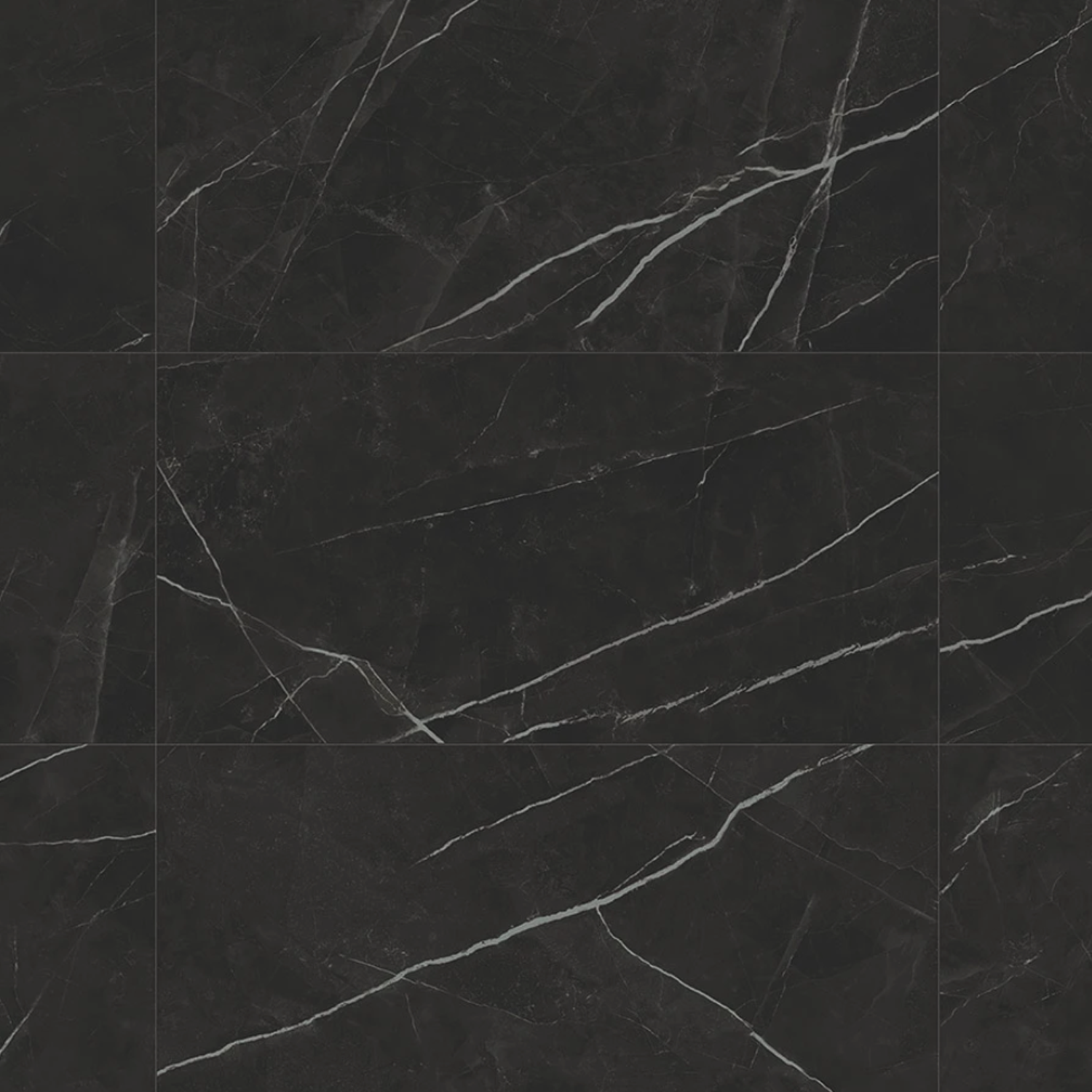 Beyond Calacatta - Black features black marble tiles with subtle white veining that diagonally crosses each tile, creating a sleek and elegant pattern. The glossy finish enhances the sophisticated look while adding a touch of natural variation to every surface.