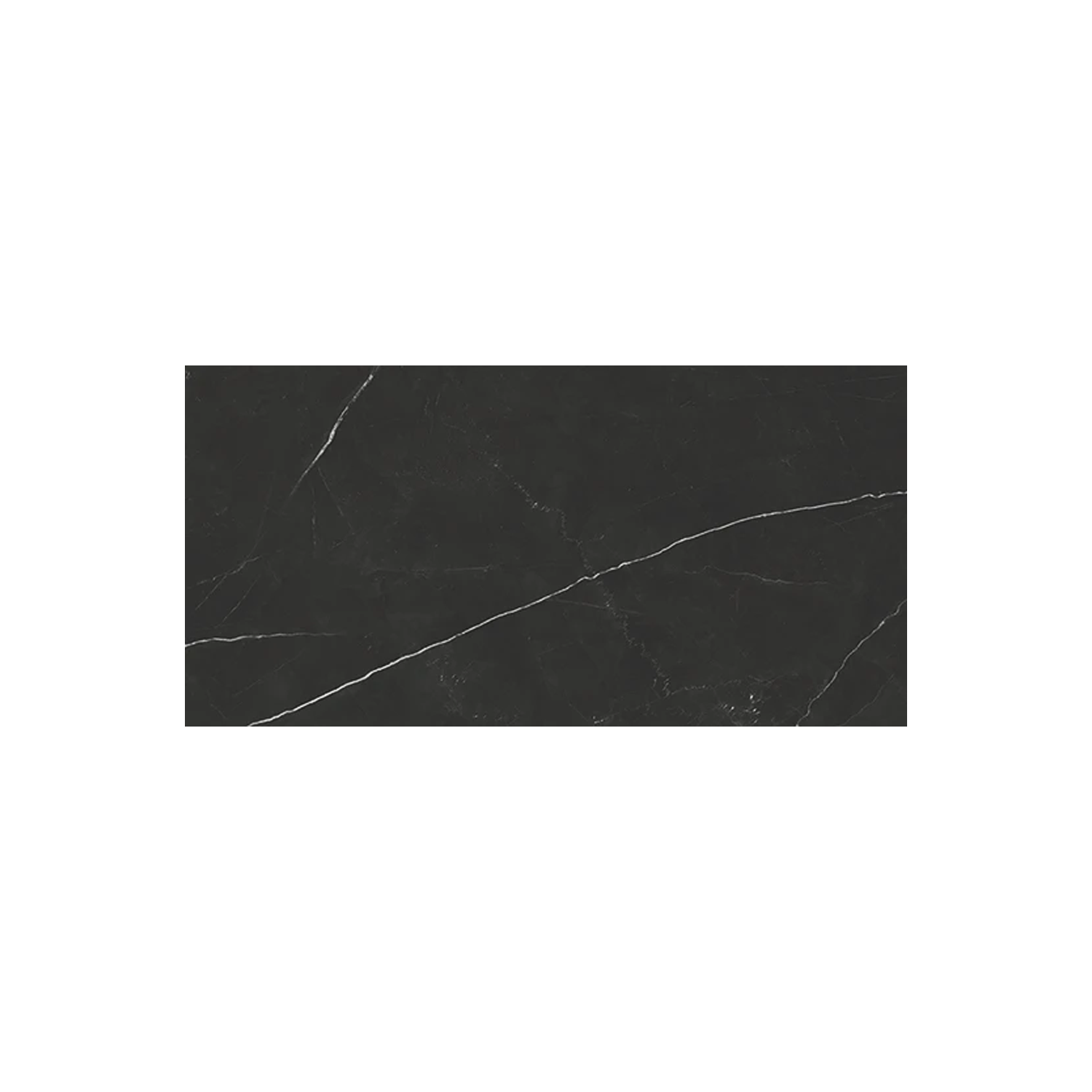 Beyond Calacatta - Black: Rectangular black marble tile featuring thin, irregular white veining running diagonally across its surface, shown against a plain white background.