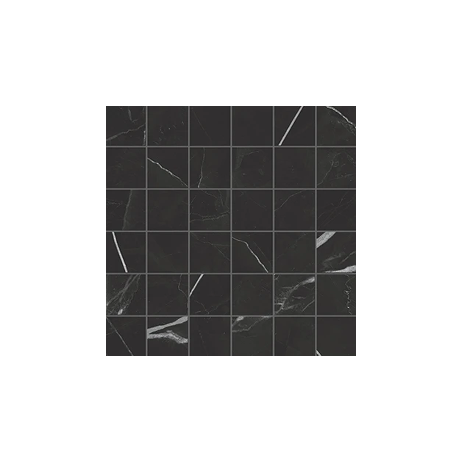 A 6x6 grid of Beyond Calacatta - Black square tiles, featuring subtle white veining reminiscent of marble, displayed against a plain white background.