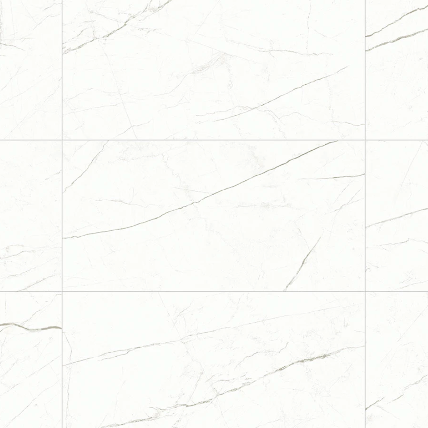 Beyond Calacatta - Classic White tiles feature a smooth, polished surface with subtle gray veining on a pristine white background, arranged in a grid pattern. Their clean and elegant appearance makes them ideal for both flooring and wall decoration.