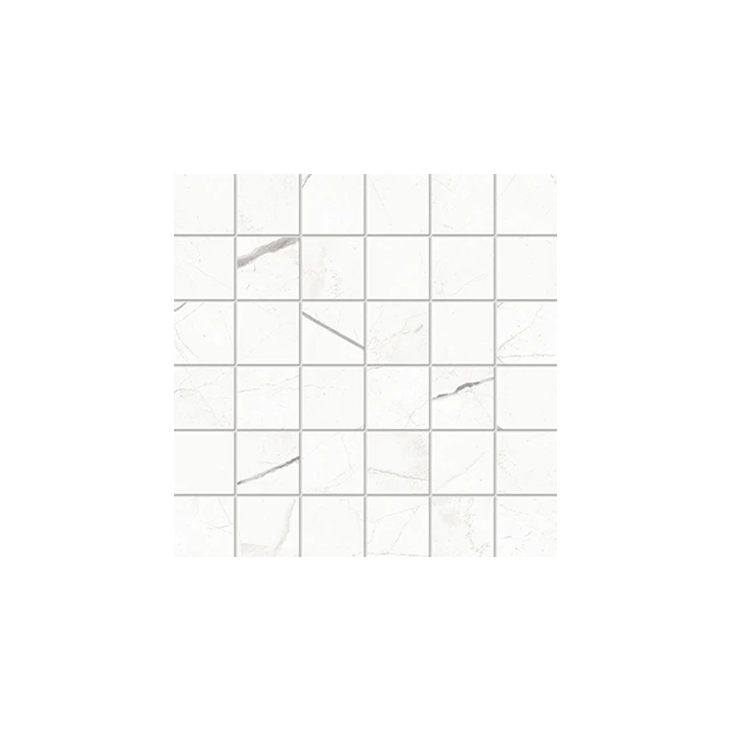 Beyond Calacatta - Classic White tile sheet featuring a grid of square tiles, each showcasing subtle gray veining and natural stone patterns, displayed against a plain white background.