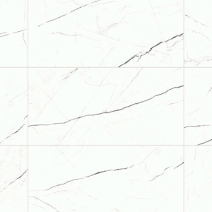 Two computer monitors sit on a dark counter in front of a wall clad with Beyond Calacatta - Glam White tiles, featuring prominent gray and black veining for a modern, minimalist look.