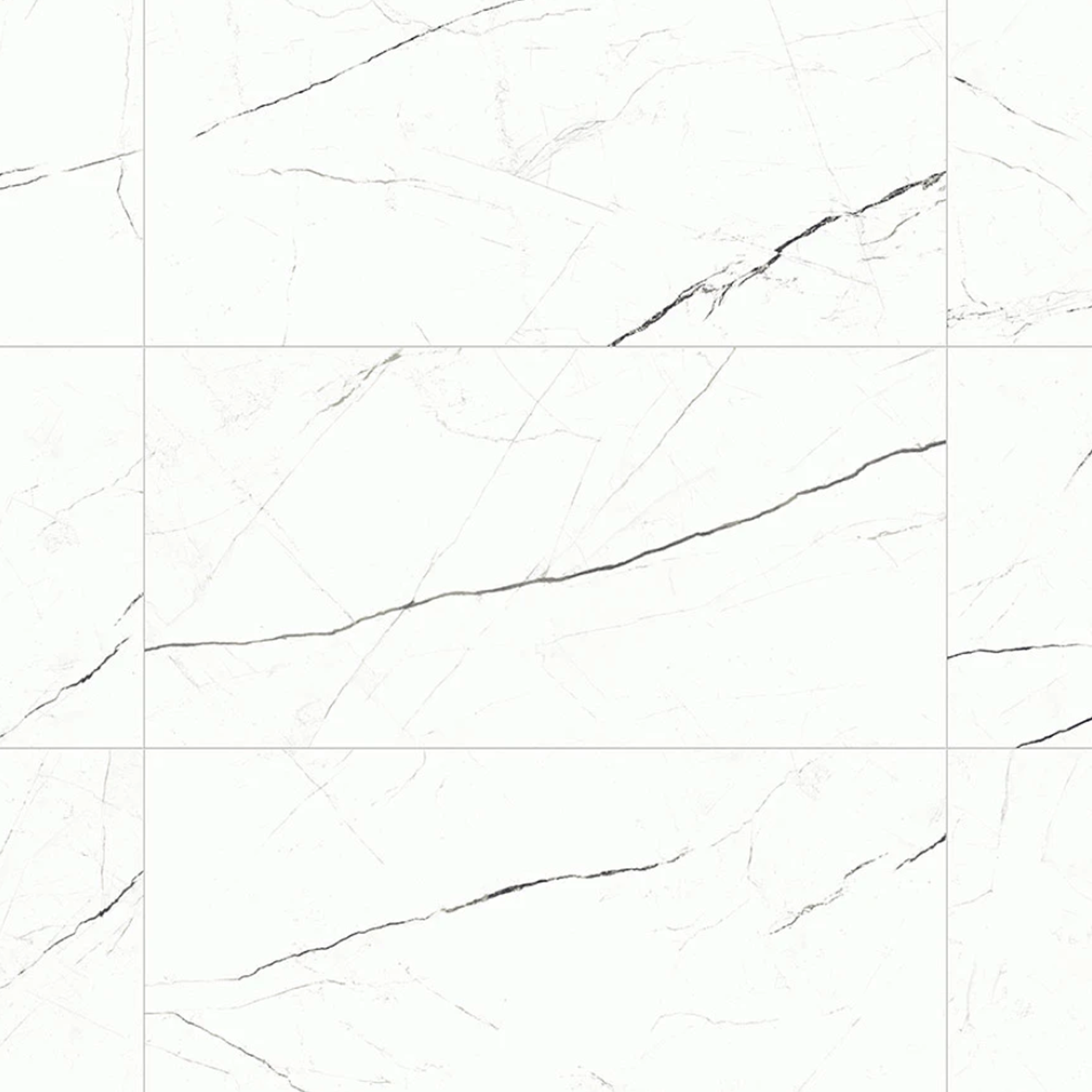 Beyond Calacatta - Glam White features white marble tiles with subtle gray veining and thin black lines running across each tile, arranged in a grid pattern. The tiles have a smooth, polished finish that creates a clean and elegant look.