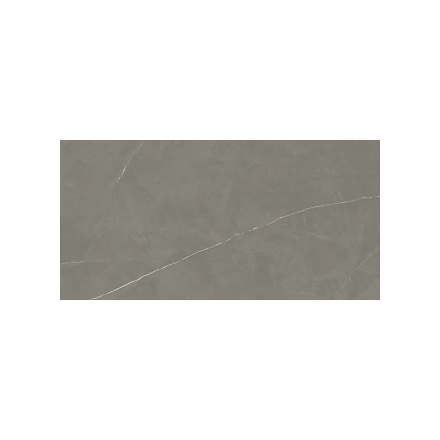 Centered on a plain white background, Beyond Calacatta - Gray is a rectangular tile featuring a smooth surface with subtle white veining running diagonally across its gray tone, elegantly resembling natural stone.