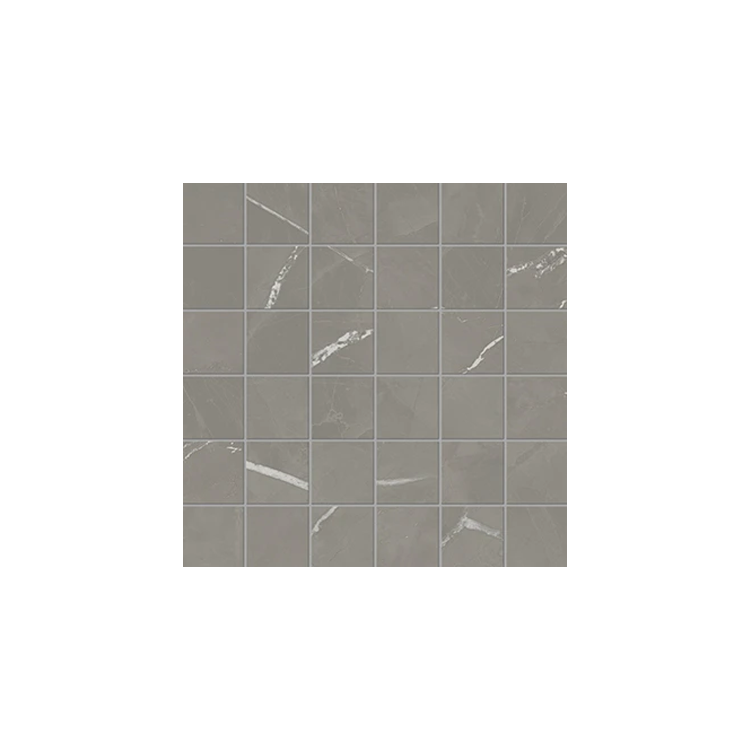 A grid of Beyond Calacatta - Gray tiles, featuring gray squares with subtle white veining arranged in a 6 by 6 pattern, displayed on a white background.