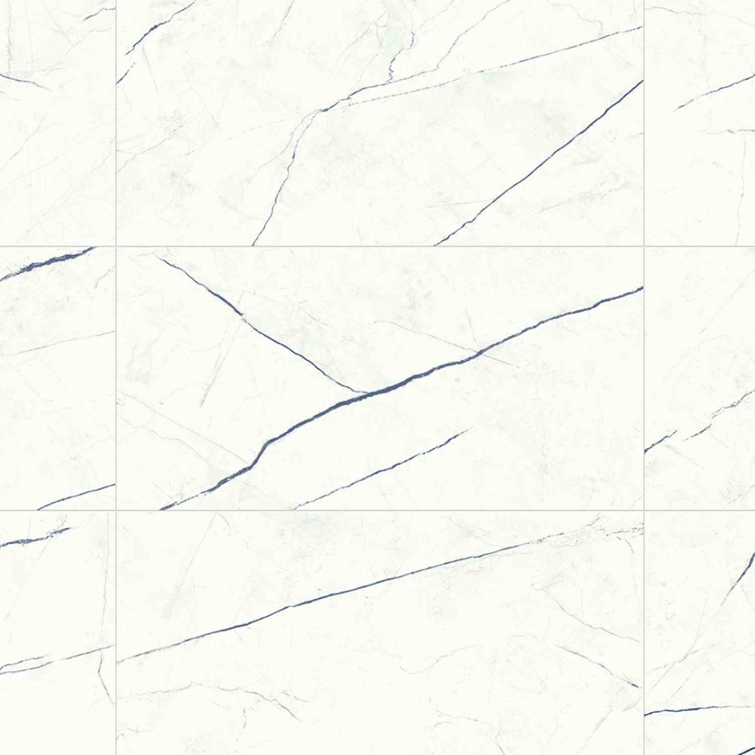 Nine Beyond Calacatta - Ocean White tiles, featuring a white marble appearance with light and dark grey veining, are arranged in a grid pattern. The tiles have a glossy finish and natural, irregular lines flowing across their surfaces.