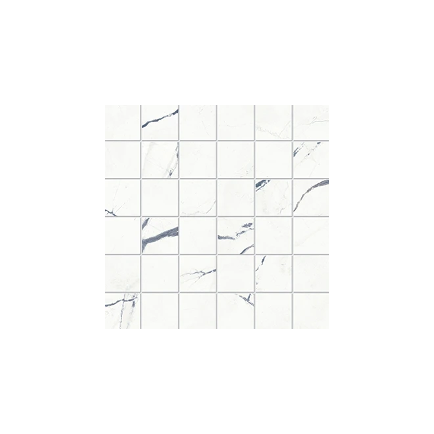 A grid of Beyond Calacatta - Ocean White tiles, featuring white squares with subtle gray veining in a 6 by 6 arrangement, resembling marble.