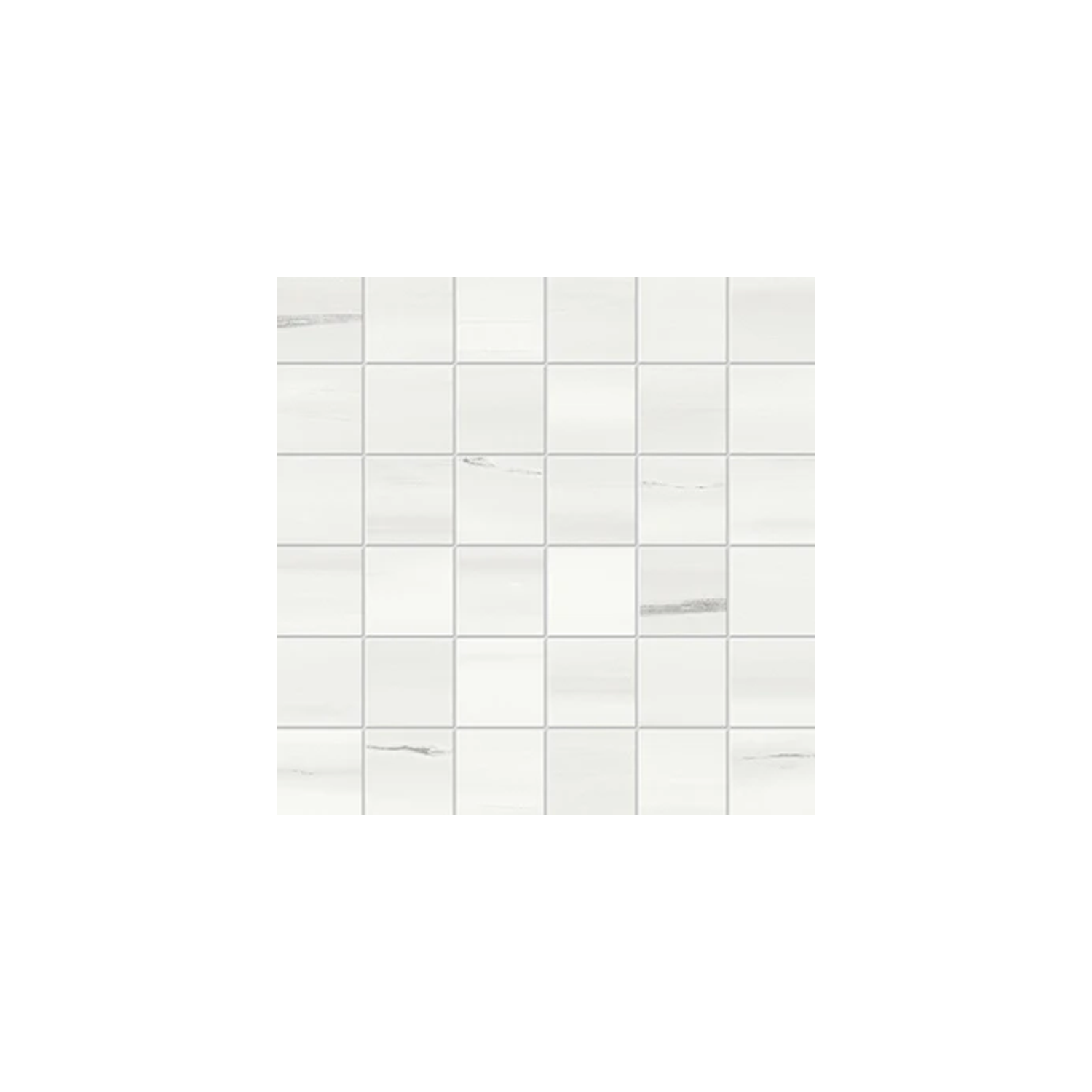 A grid of small, square Beyond Dolomite - Cool White tiles with subtle gray veining, arranged in a 6x6 pattern on a plain white background.