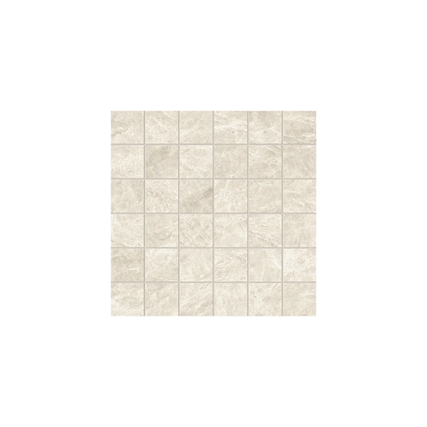 A square sheet of Beyond Tah Mahal - Alabaster tiles in light beige, stone-like ceramic, arranged in a 6 by 6 grid with a subtle textured pattern. The background is plain white.