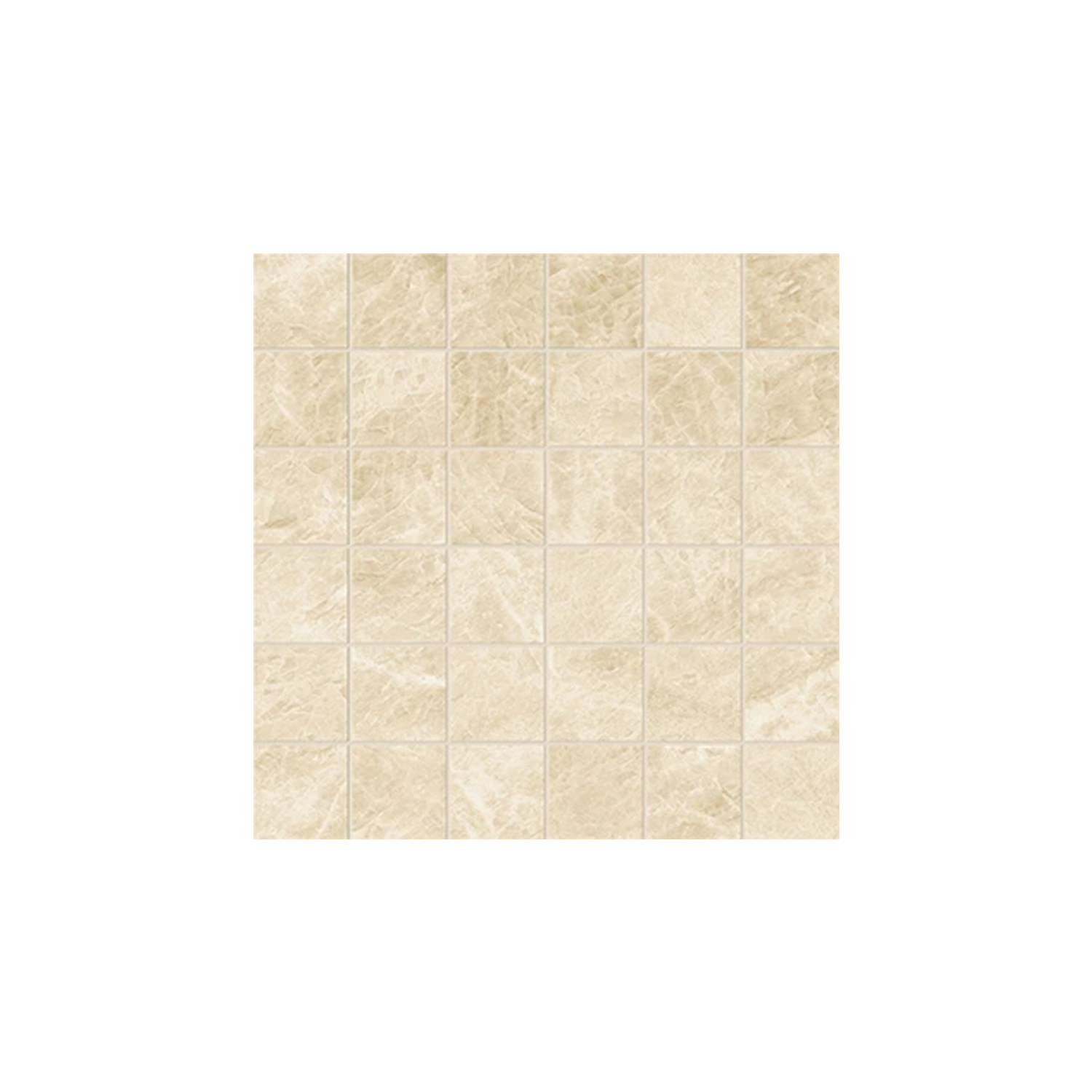 A square arrangement of 36 small Beyond Tah Mahal - Champagne tiles, each featuring a slightly textured and marbled beige surface, set against a plain white background.