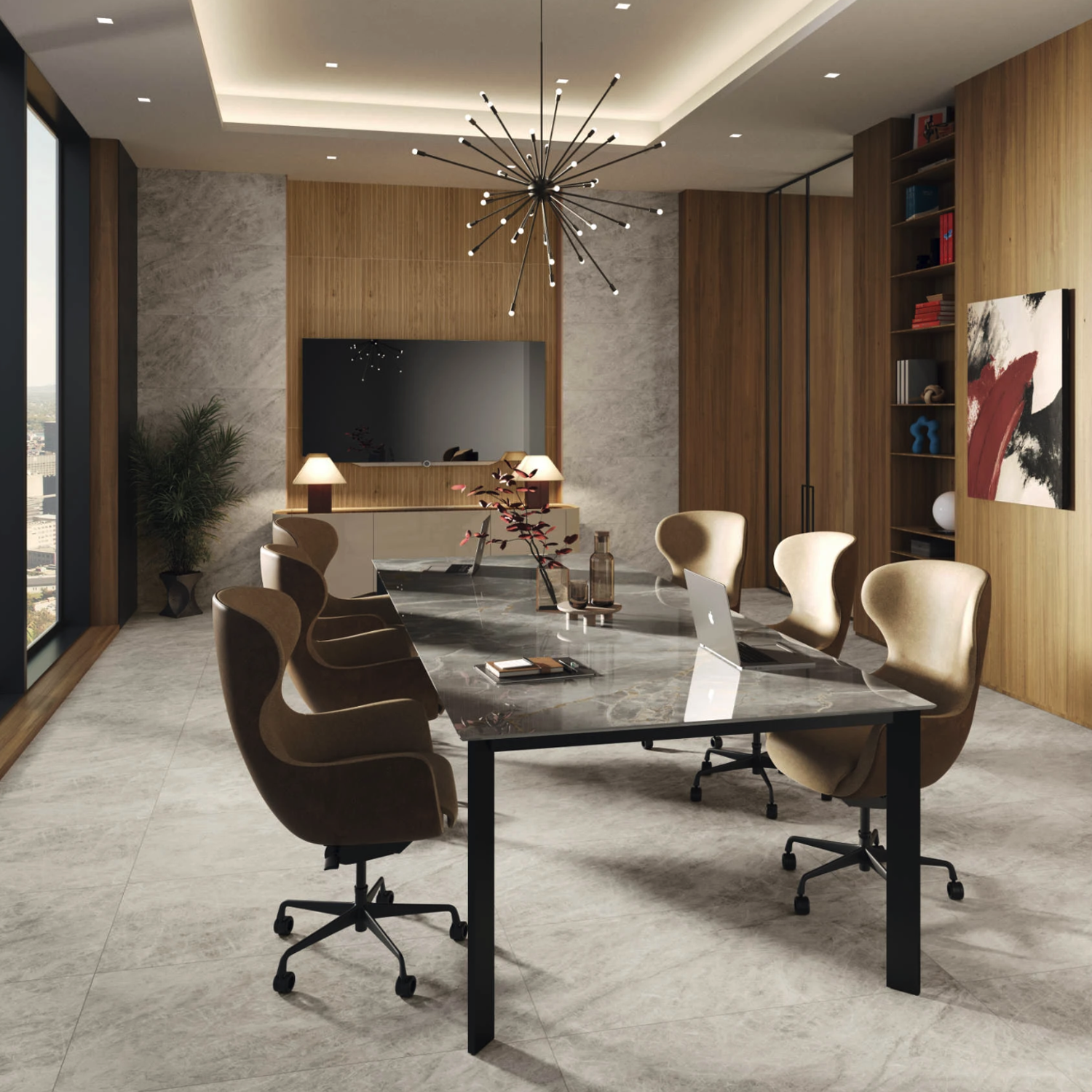 A modern conference room featuring the Beyond Tah Mahal - Cloud marble table, complemented by gold chairs, laptops, abstract art, wooden accents, a large window with a city view, decorative lighting, shelves, and lamps for a sleek and professional atmosphere.