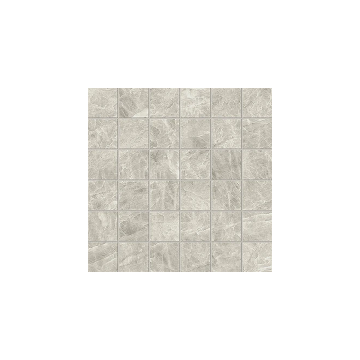 A square sheet of Beyond Tah Mahal - Cloud tiles, arranged in a 6 by 6 grid, each tile featuring a subtly varied gray marble-look pattern and delicate veining, displayed against a plain white background.