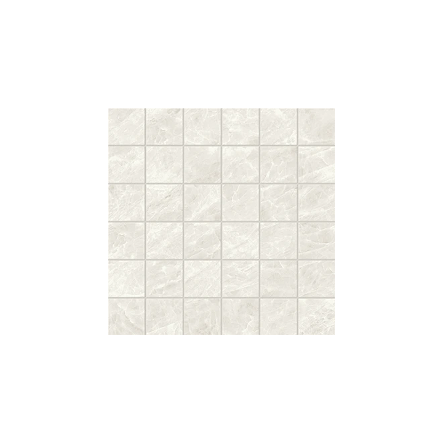 A square sheet of Beyond Tah Mahal - Pure light gray marble tiles, arranged in a 6x6 grid with each tile featuring a subtle veined pattern, displayed on a white background.