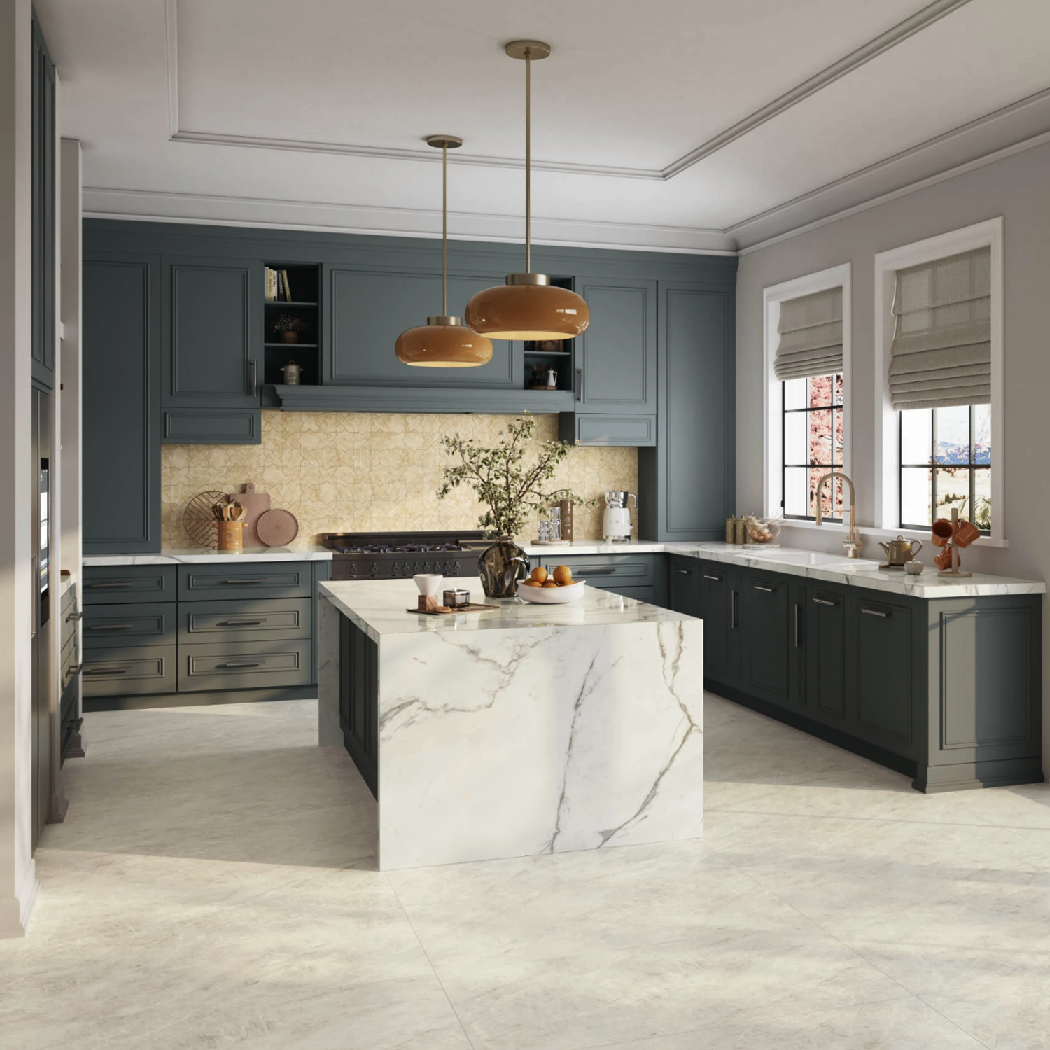 This modern kitchen features dark cabinets and a central island in Beyond Tah Mahal - Pure marble, complemented by a tan backsplash. Two pendant lights illuminate the space, while large windows with roman shades and decorative vases on the counter enhance the clean, welcoming atmosphere shaped by neutral tones and natural light.