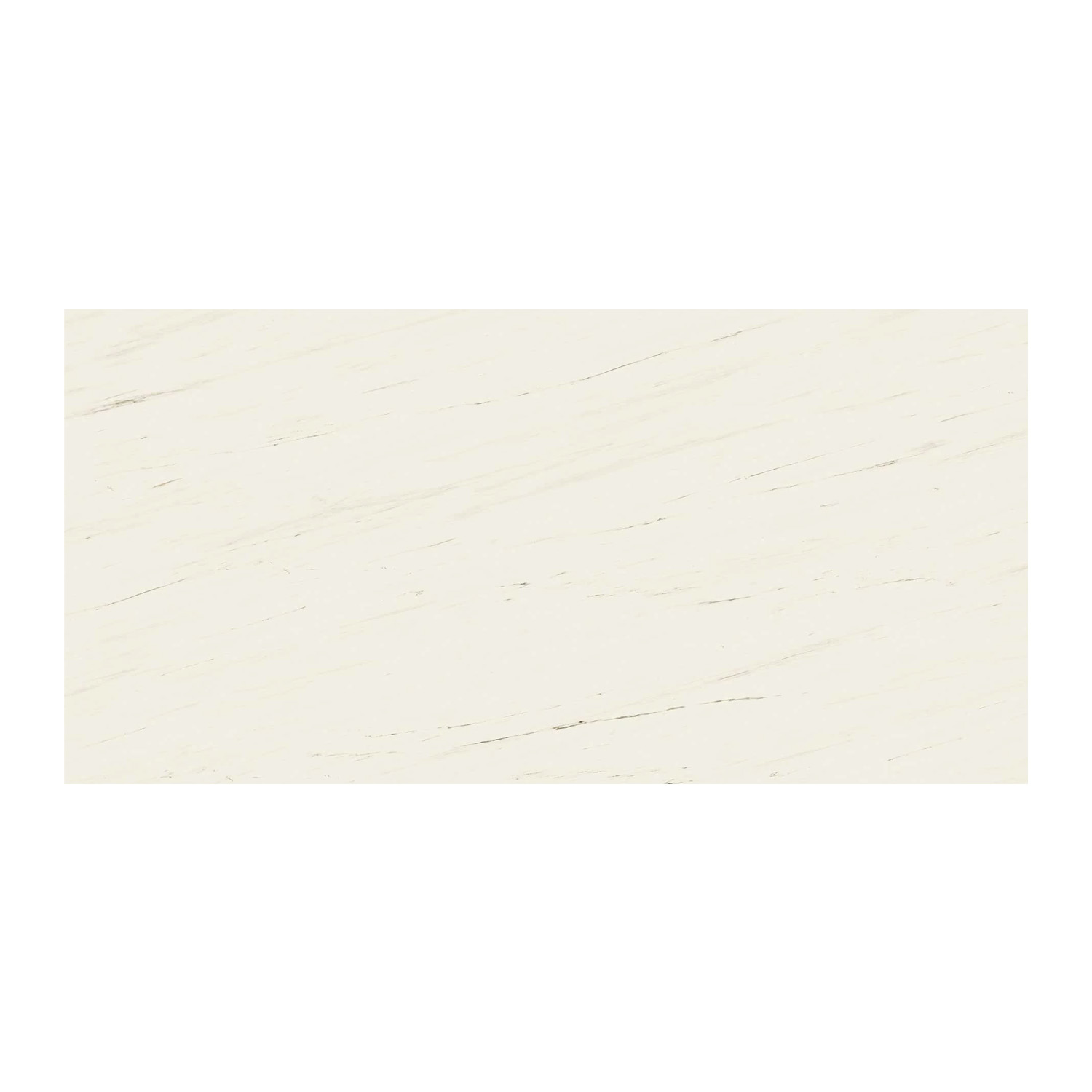 Bianco Dolomite A is a rectangular tile featuring a creamy white background with subtle, thin gray veins running diagonally across the surface, resembling marble.
