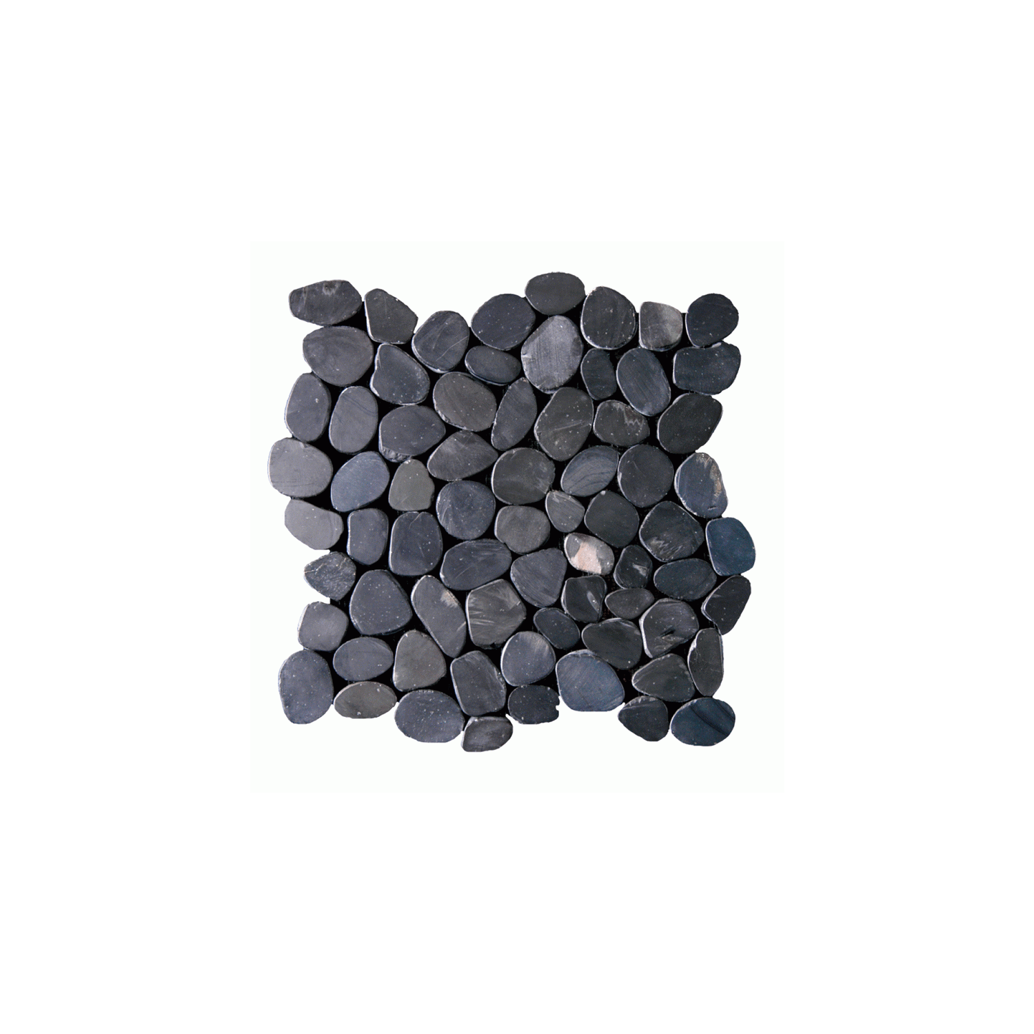 A square layout of Botany Bay - Black Sliced smooth river stones arranged tightly to create a tile pattern against a white background.