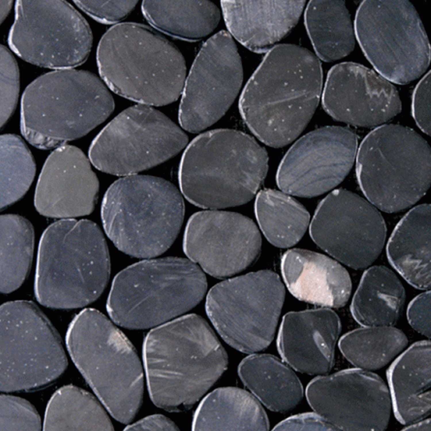 Botany Bay - Black Sliced features smooth, oval black and dark gray stones arranged in a tightly packed, irregular mosaic pattern with slight color variations and a glossy finish.