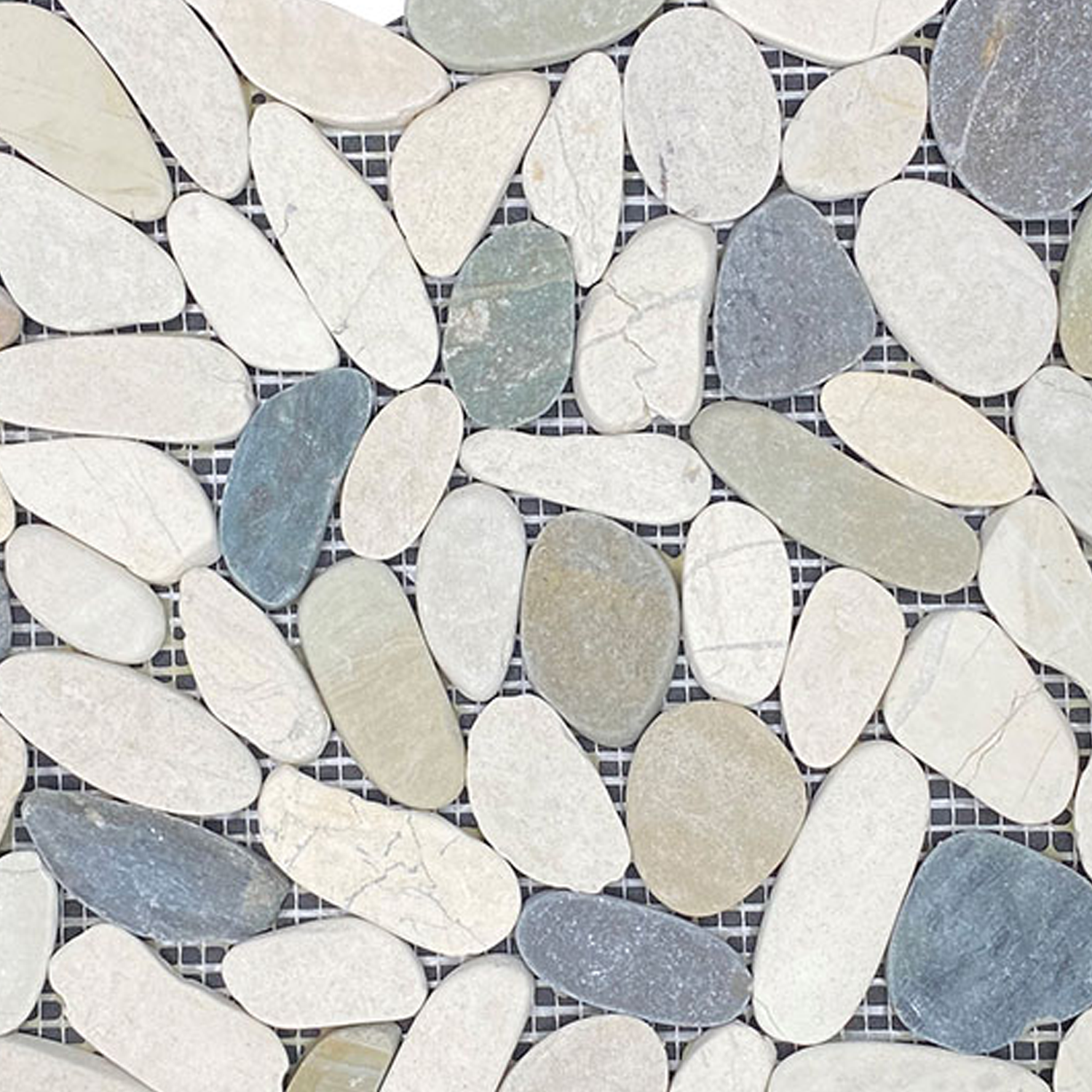 Botany Bay - Botany Bay Blend Sliced features a mosaic of oval and irregularly shaped stones in shades of gray, beige, and off-white, mounted on a mesh backing for easy tiling or decorative applications.