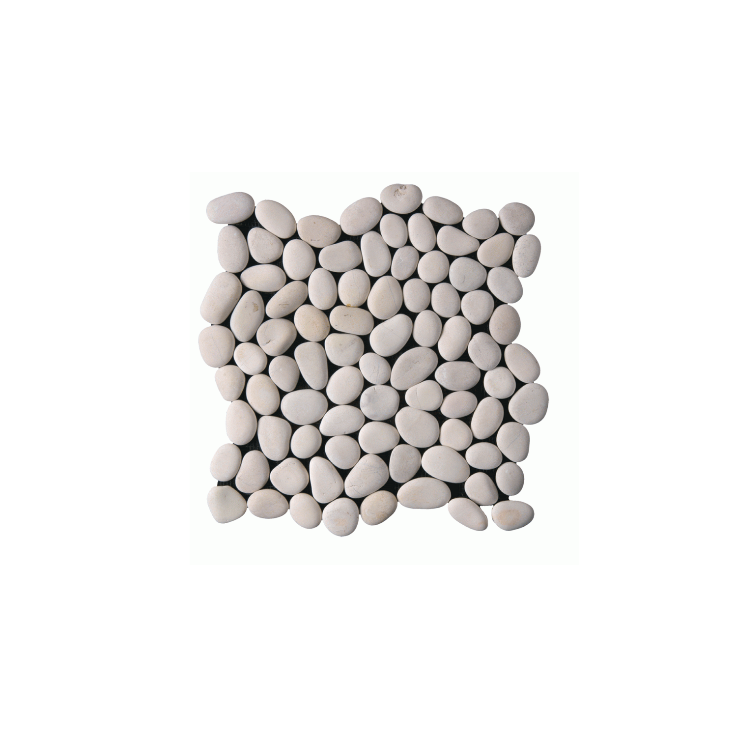 A square arrangement of Botany Bay - Cream Sliced pebbles, featuring smooth, light gray stones closely packed together on a white background.