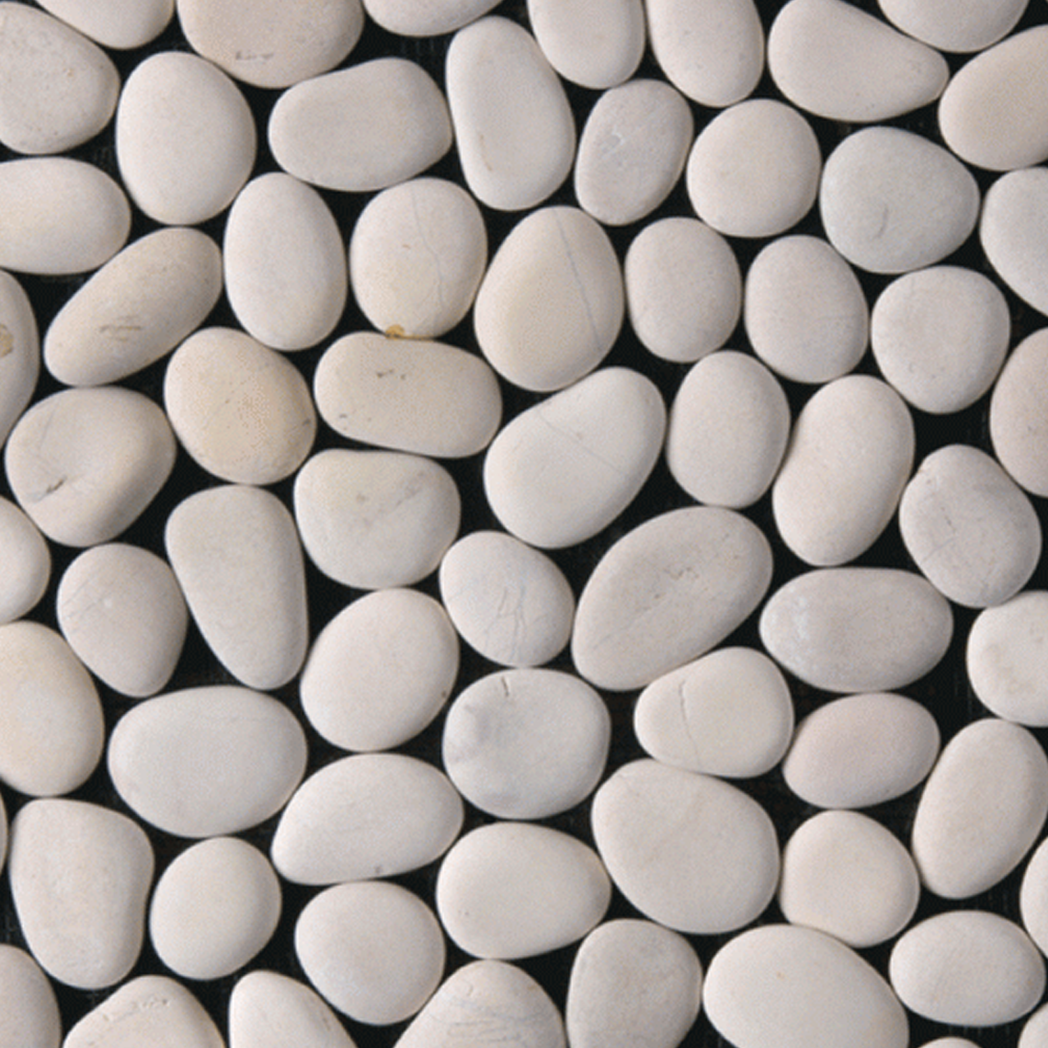 A close-up view of Botany Bay - Cream Sliced stones, featuring many smooth, oval-shaped white pieces arranged closely together to form a natural, textured pattern.