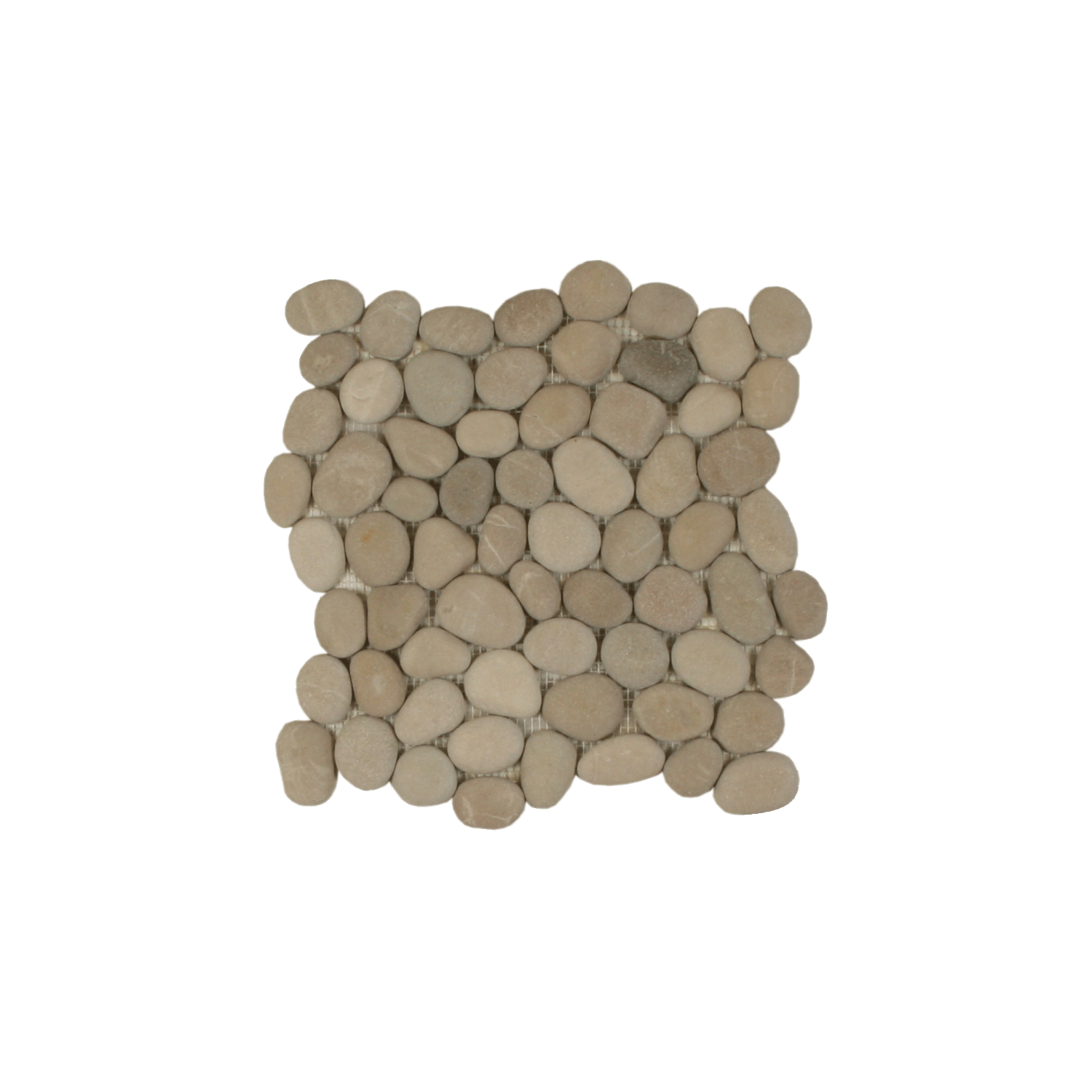 A square arrangement of Botany Bay - Khaki Sliced small, smooth, tan river stones placed closely together against a white background.