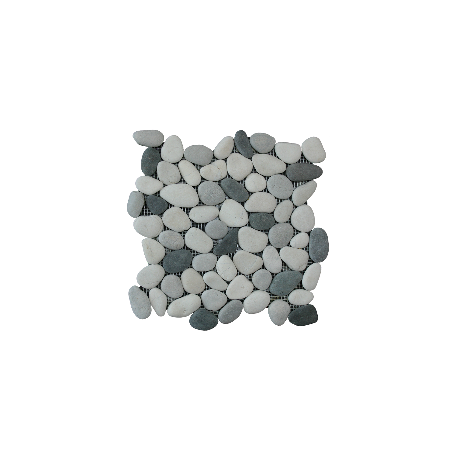 A square arrangement of small, smooth white and gray pebbles from Botany Bay - Shadow Blend are closely placed together, forming a mosaic tile against a plain white background.