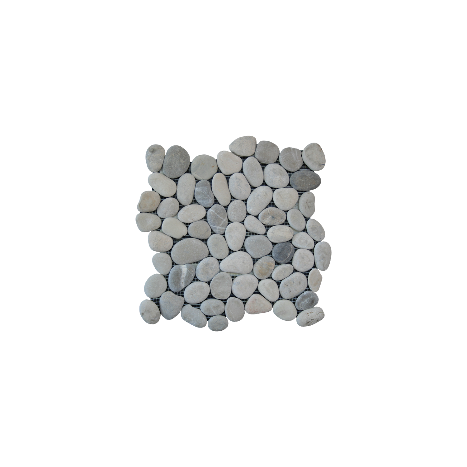 A square arrangement of smooth, oval-shaped grey and white Botany Bay - Shadow Sliced pebbles placed closely together on a white background.