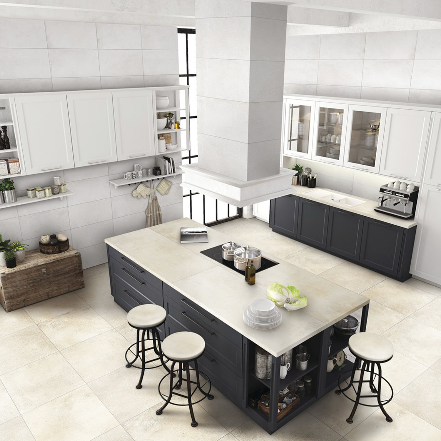Bright and modern kitchen featuring white cabinets, a spacious island with dark drawers and three stools, open shelving, and stylish kitchen accessories. The space is finished with Brooklyn - Cemento Sand light tile flooring, creating a clean atmosphere filled with natural light.