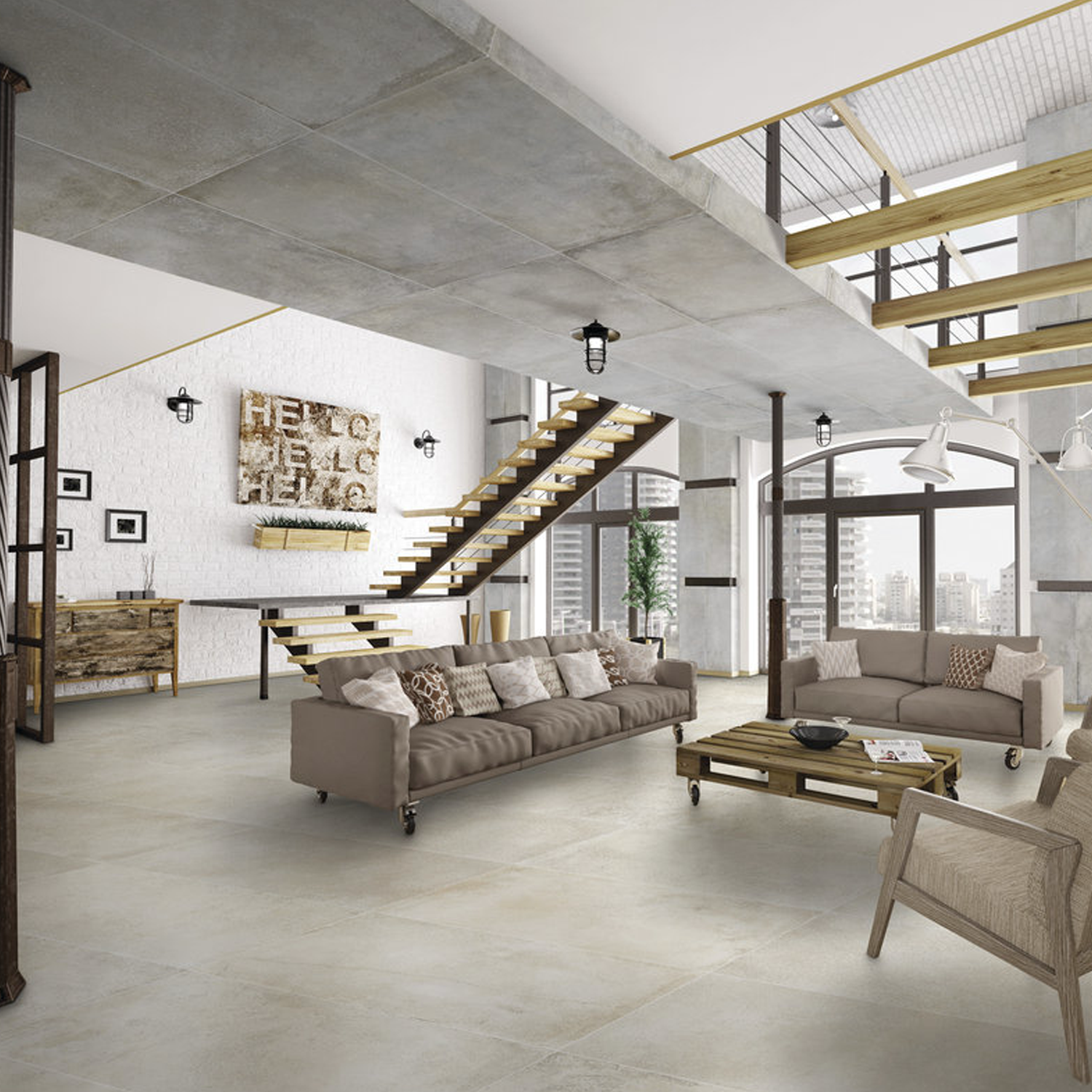 Experience a spacious modern loft featuring large windows, furniture in neutral tones, an exposed ceiling, a wooden staircase, sweeping city views, and a striking "HELLO" wall art piece—all beautifully complemented by the Brooklyn - Cemento Sand flooring.