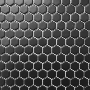 A square sheet of CC Mosaics - Black features small, glossy hexagonal tiles arranged in a honeycomb pattern on a white background.