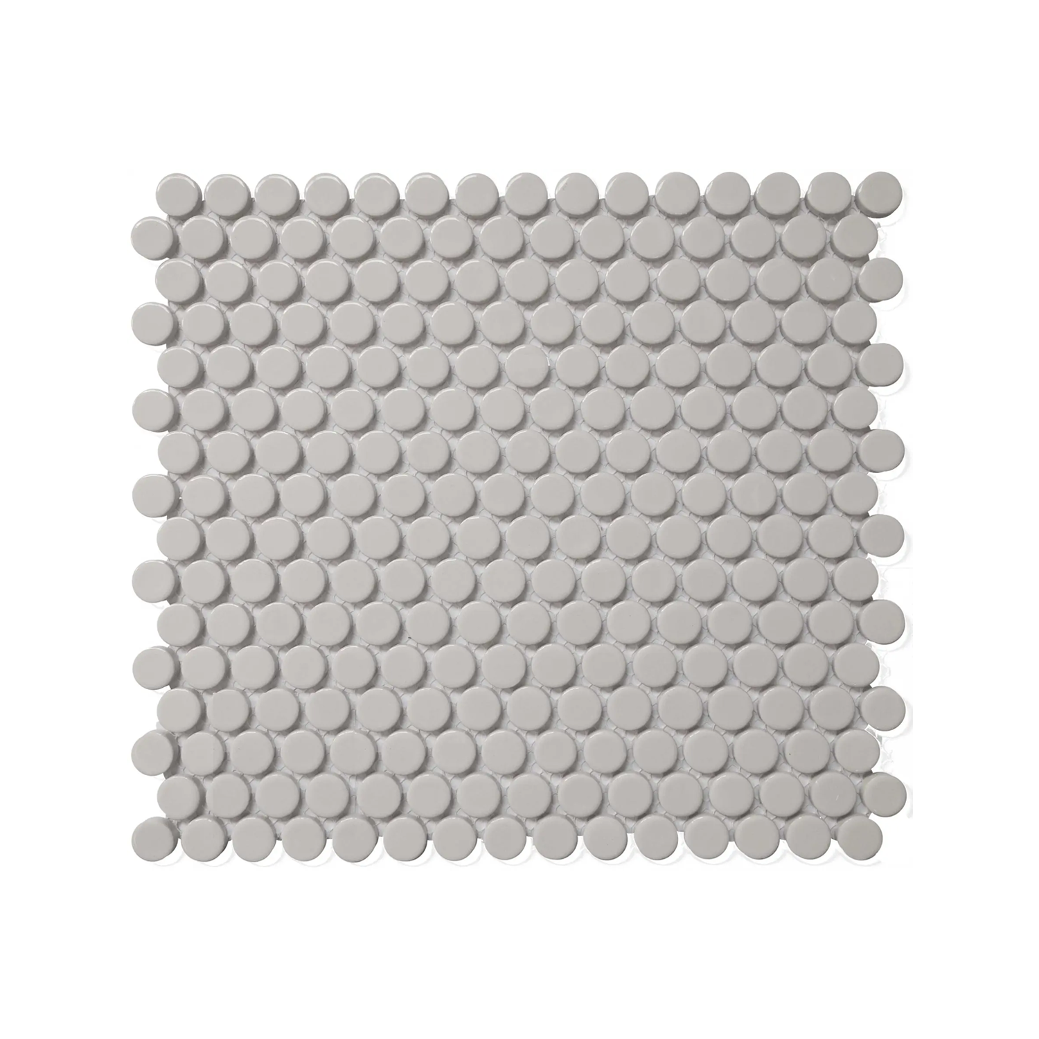 A square sheet of CC Mosaics - Grey tiles, featuring small, round, light gray pieces arranged in a grid pattern on a white background.