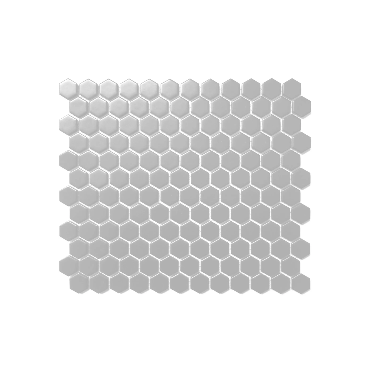 A sheet of CC Mosaics - Grey tiles features small, shiny, grey hexagonal pieces arranged in a grid pattern on a white background.
