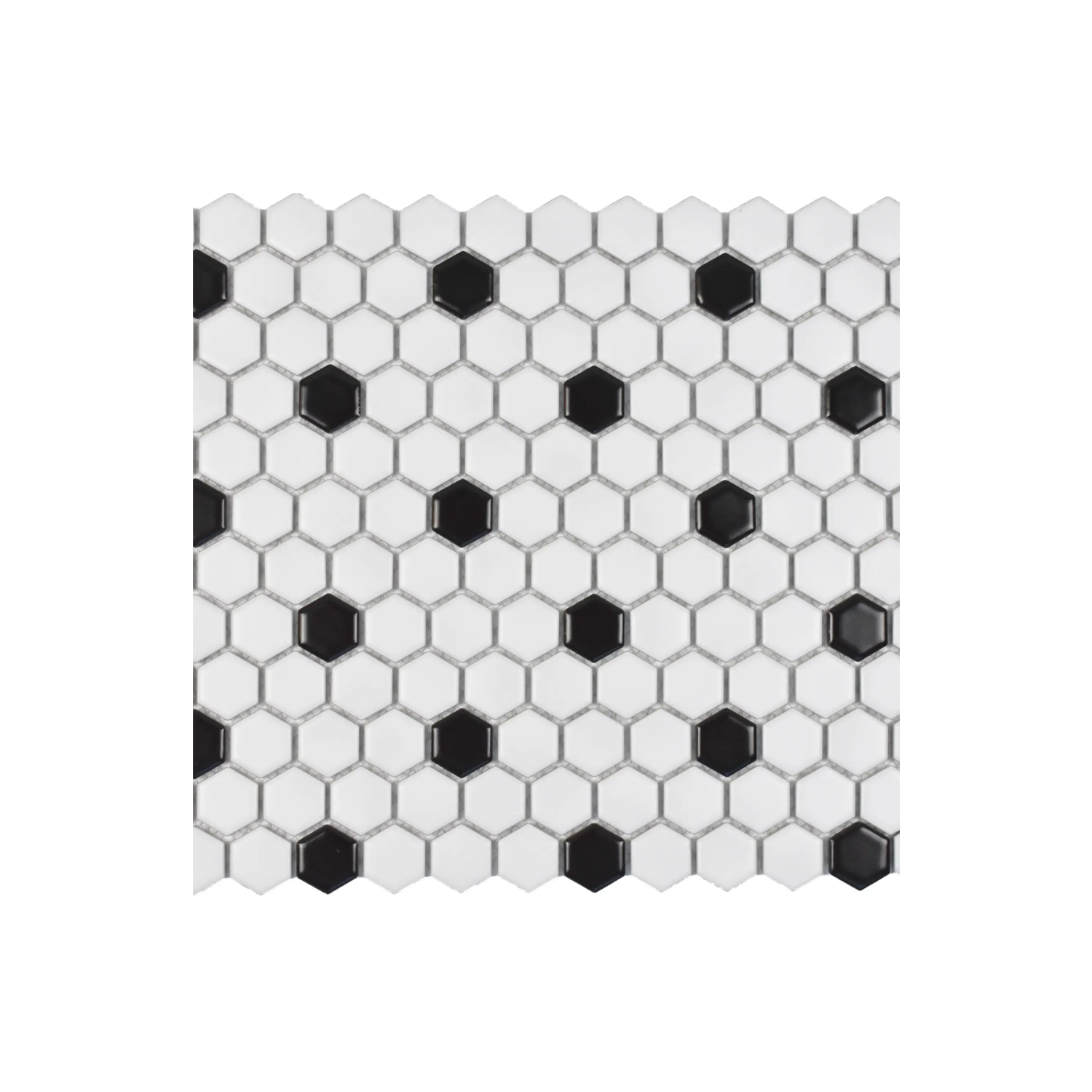 CC Mosaics - White/Black features a hexagonal tile sheet with a repeating white pattern, accented by scattered black hexagon tiles set against a white background.