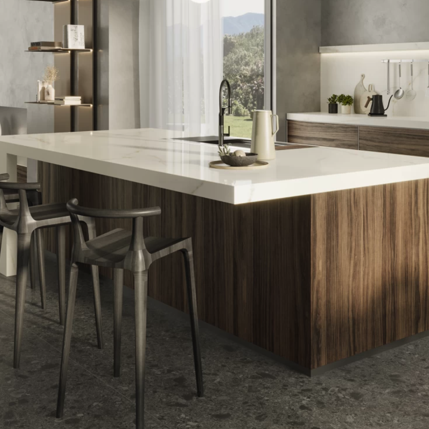 Modern kitchen with a large island featuring a Calacatta Apuano countertop, wood paneling, two dark bar stools, a sink with a black faucet, and shelves with decor in the background. Natural light enters through sheer curtains.